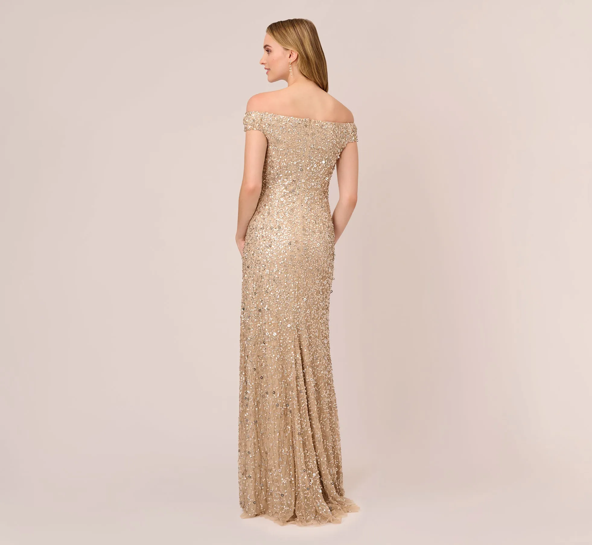 Off The Shoulder Sequin Beaded Gown In Champagne