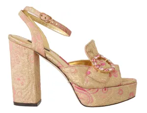 old Pink Brocade Crystal Ankle Strap Sandals