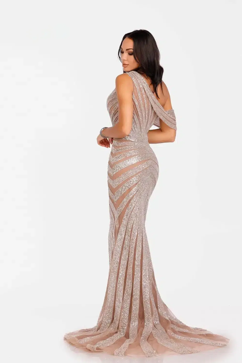 One Shoulder Beaded Evening Gown