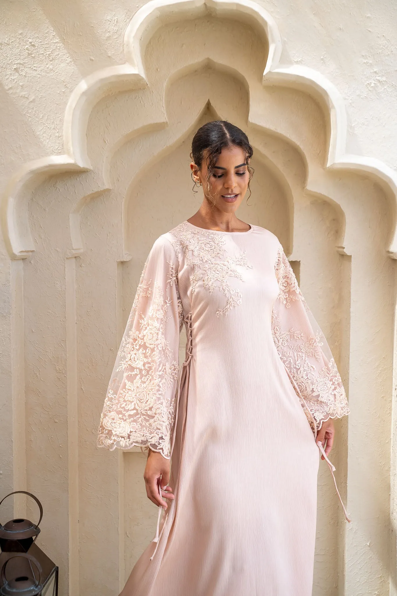 Pastel Pink Blooms Embellished Satin Abaya