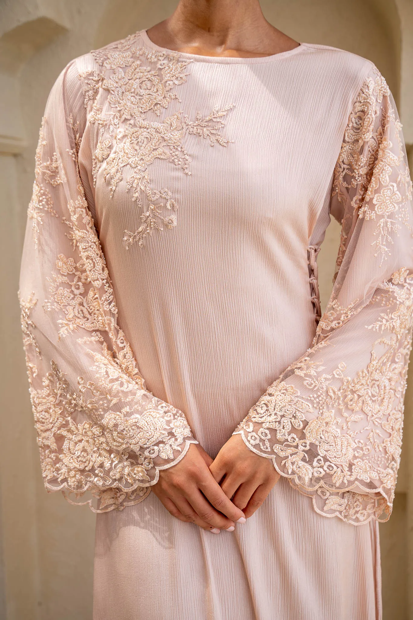 Pastel Pink Blooms Embellished Satin Abaya