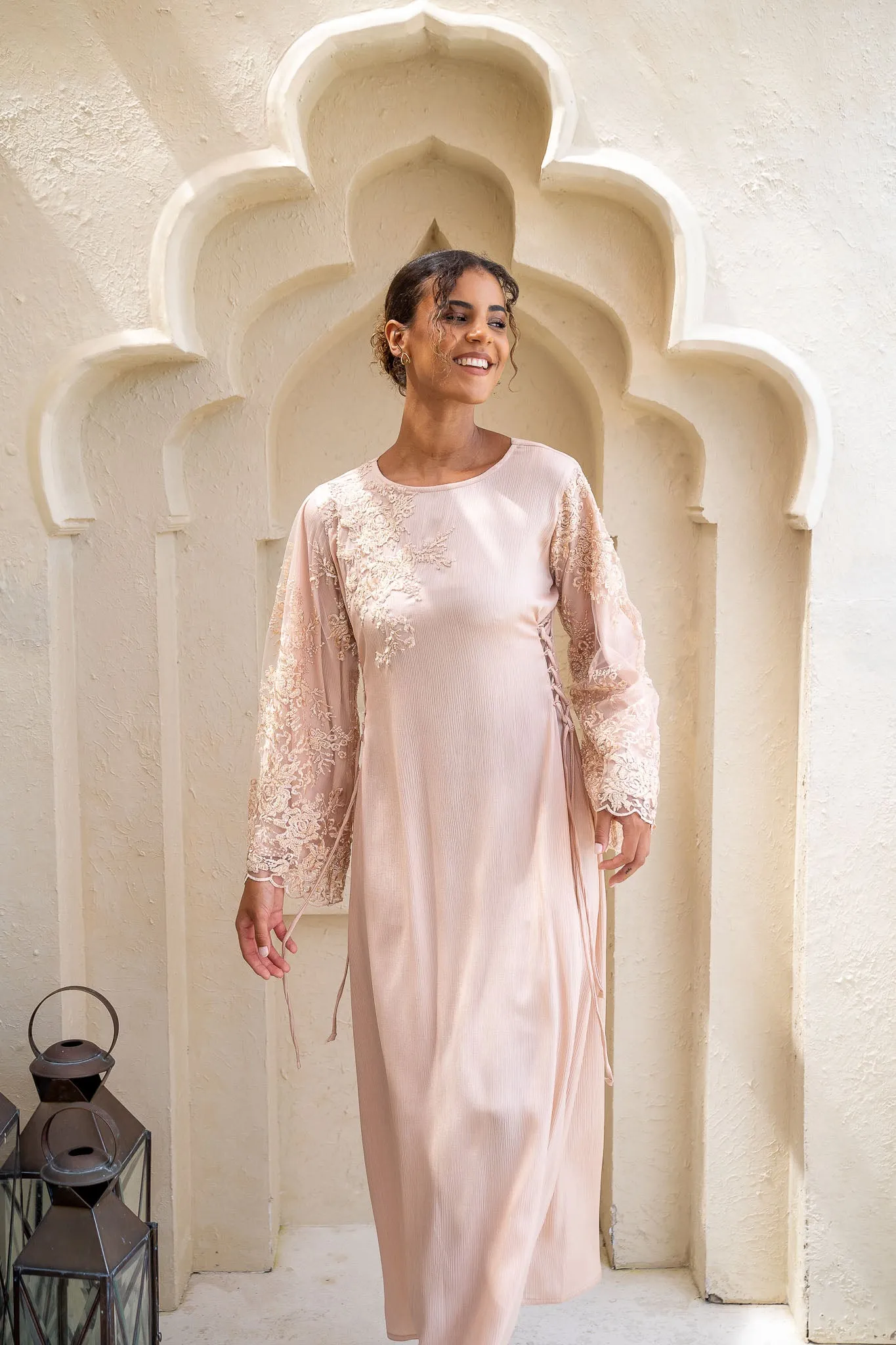 Pastel Pink Blooms Embellished Satin Abaya