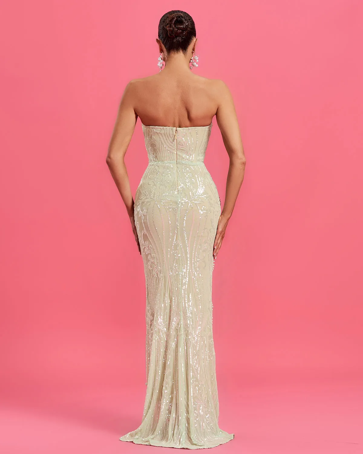 Pearl Embellished Floral-leaf Evening Gown