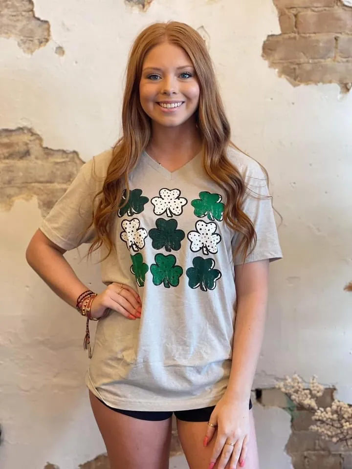 {PICK ME!} Multi-Patterned Clovers Sand V-Neck Tee