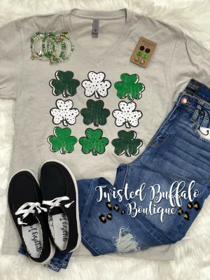{PICK ME!} Multi-Patterned Clovers Sand V-Neck Tee