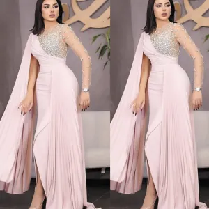 pink beaded evening dresses long sleeve Dubai fashion elegant arabic evening gown Casamento