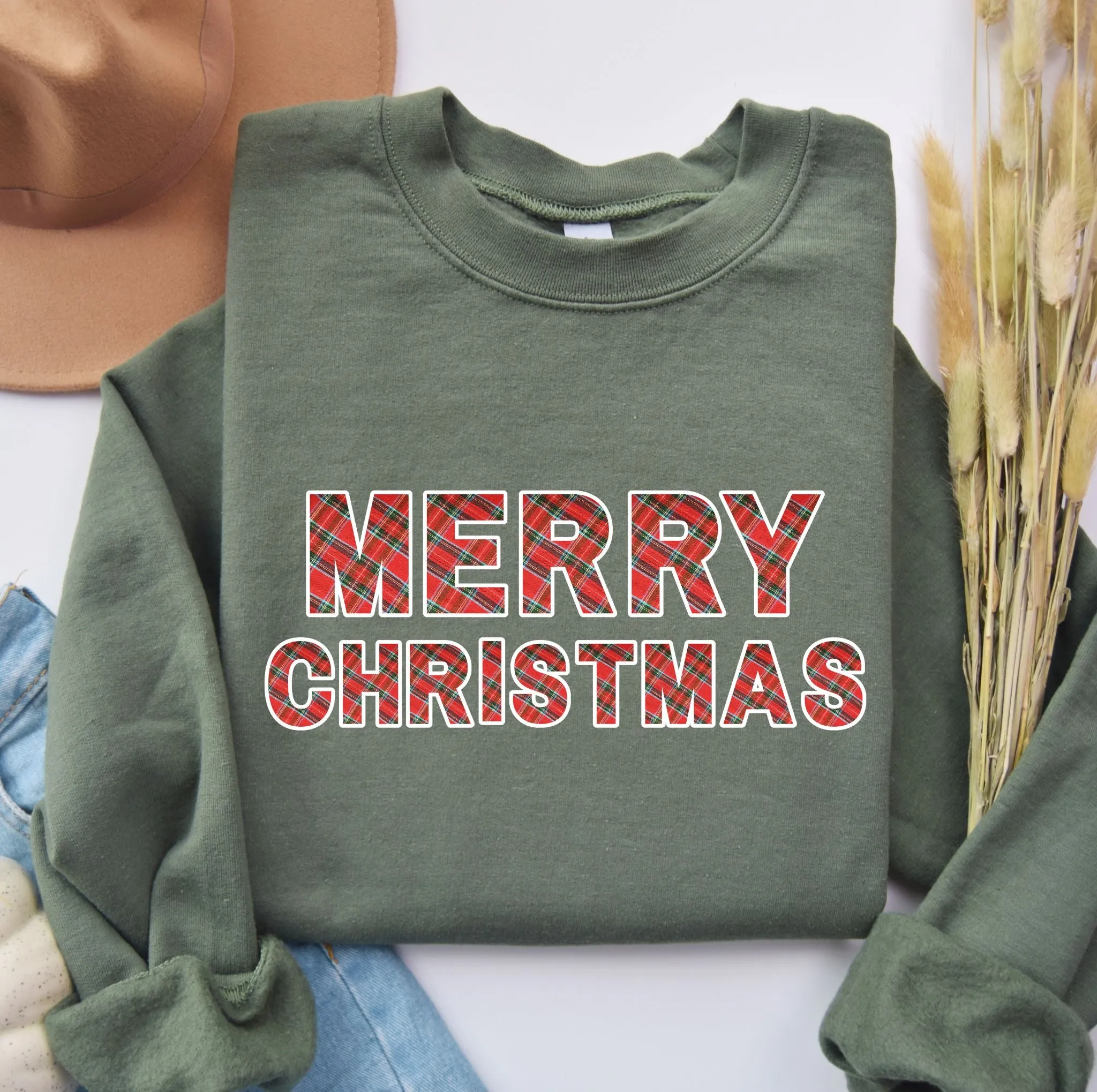 Plaid Print  Merry Christmas Women's Graphic Sweatshirt