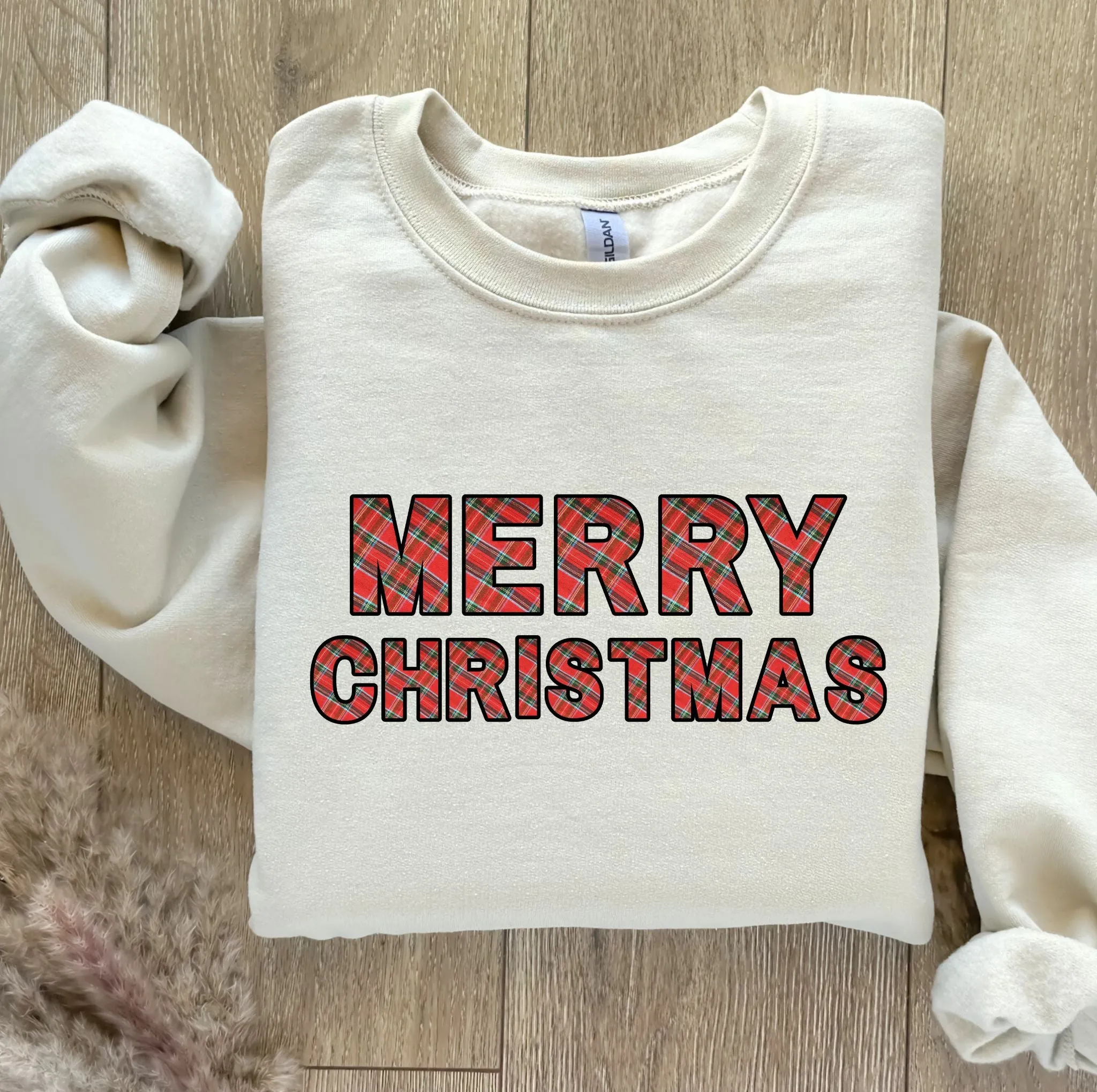 Plaid Print  Merry Christmas Women's Graphic Sweatshirt