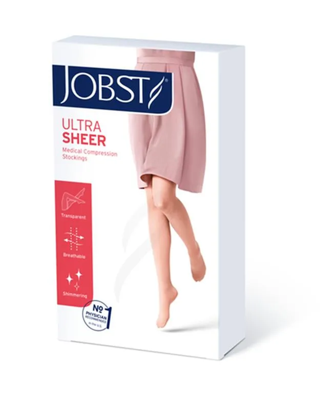 PR/1 JOBST ULTRASHEER WOMEN, THIGH HIGH PETITE W/SIL LACE BAND, 20-30MMHG, LG, NATURAL, CLOSED TOE