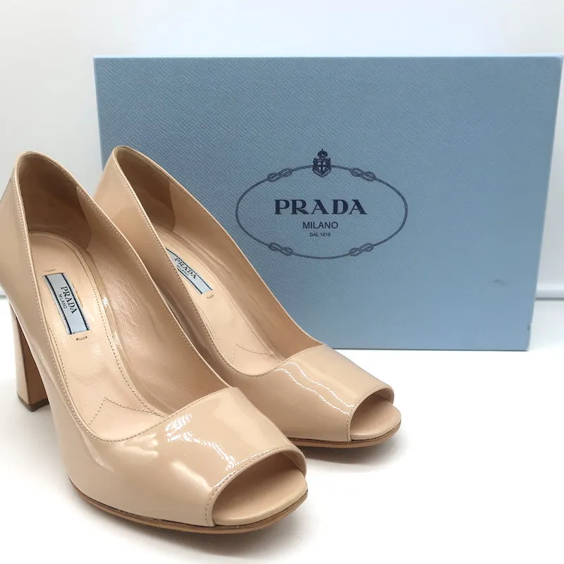 Prada Peep Toe Pumps Nude Patent Leather Size 39.5