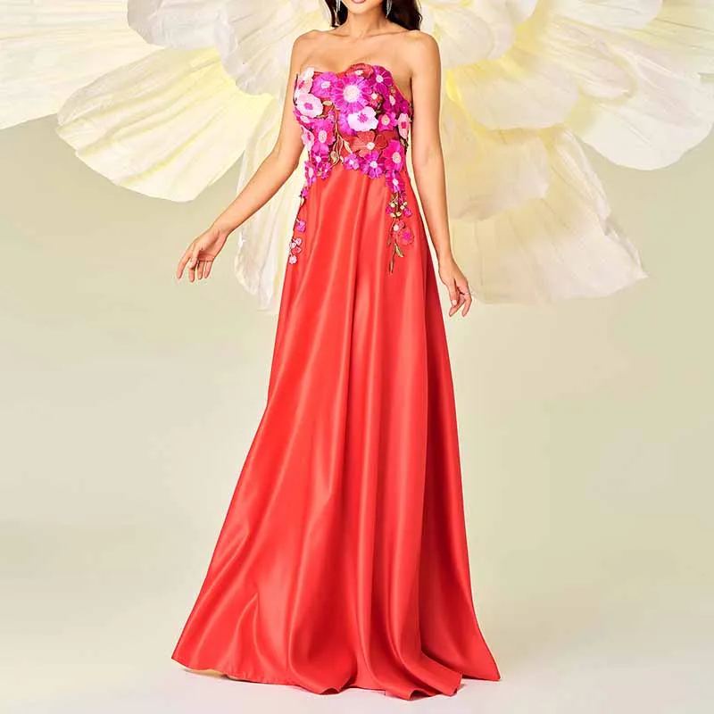 Red Bustier Long Prom Dress Flower Embellished Wedding Bridesmaid Dress Maxi Dress