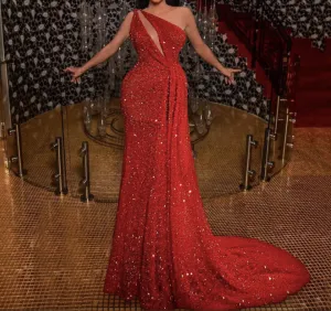 red formal wear 2021 sparkly one shoulder bling elegant modest long evening dresses robe de soiree