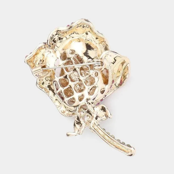 Rhinestone Embellished Metal Rose Flower Pin Brooch
