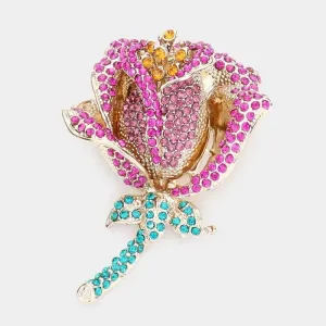 Rhinestone Embellished Metal Rose Flower Pin Brooch