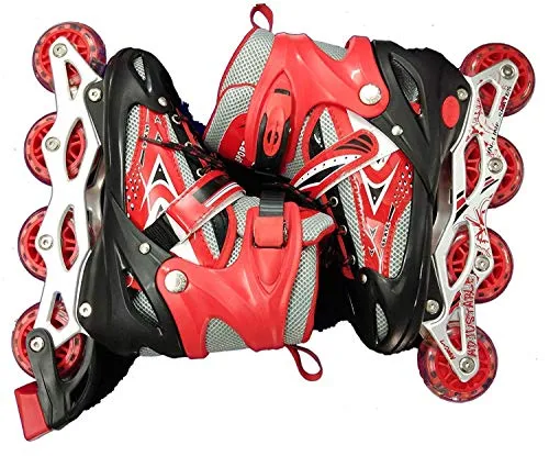 RIVET ENTERPRISE Red Inline Skates Size Adjustable All PU Wheels with Aluminum-Alloy, LED Flash Light, Age Group 6-14 Years
