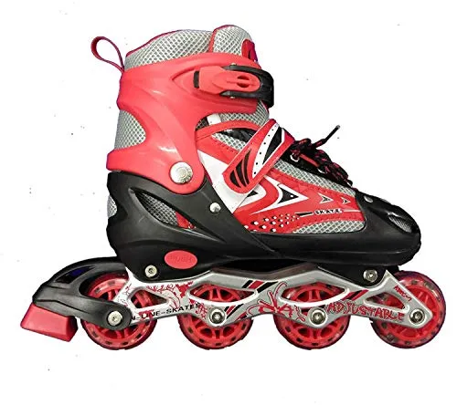 RIVET ENTERPRISE Red Inline Skates Size Adjustable All PU Wheels with Aluminum-Alloy, LED Flash Light, Age Group 6-14 Years