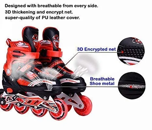 RIVET ENTERPRISE Red Inline Skates Size Adjustable All PU Wheels with Aluminum-Alloy, LED Flash Light, Age Group 6-14 Years