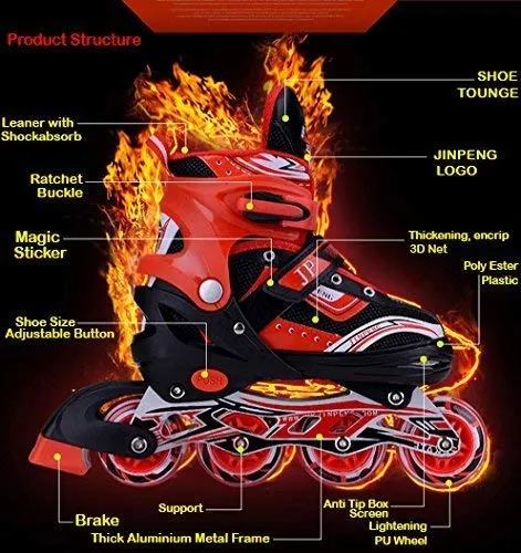 RIVET ENTERPRISE Red Inline Skates Size Adjustable All PU Wheels with Aluminum-Alloy, LED Flash Light, Age Group 6-14 Years