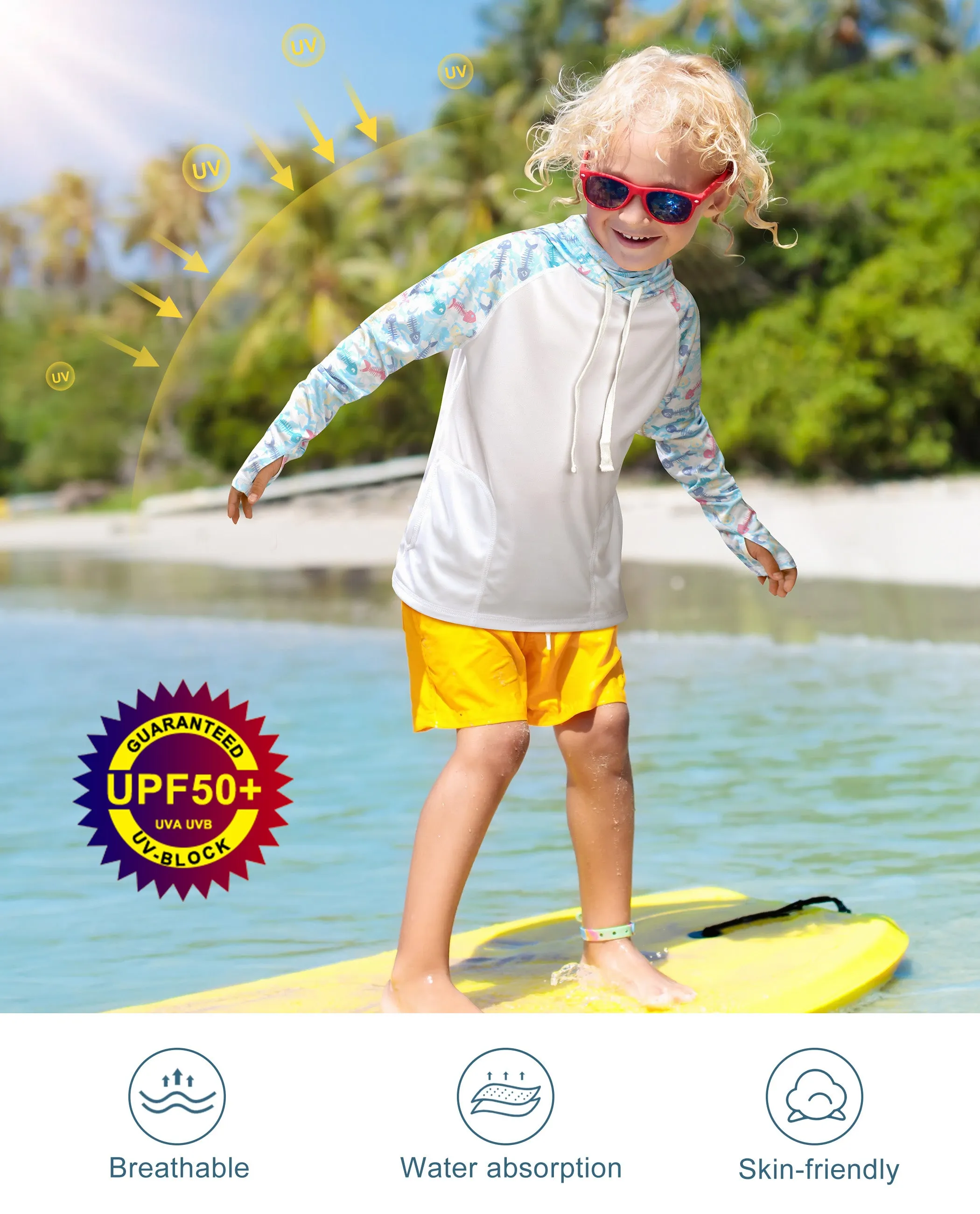 Roadbox Sun Shirts for Kids - Long Sleeve UPF50  Sun Protection Shirts Hooded Swimsuits for Kids Fishing Surfing Hiking Outdoor Sports