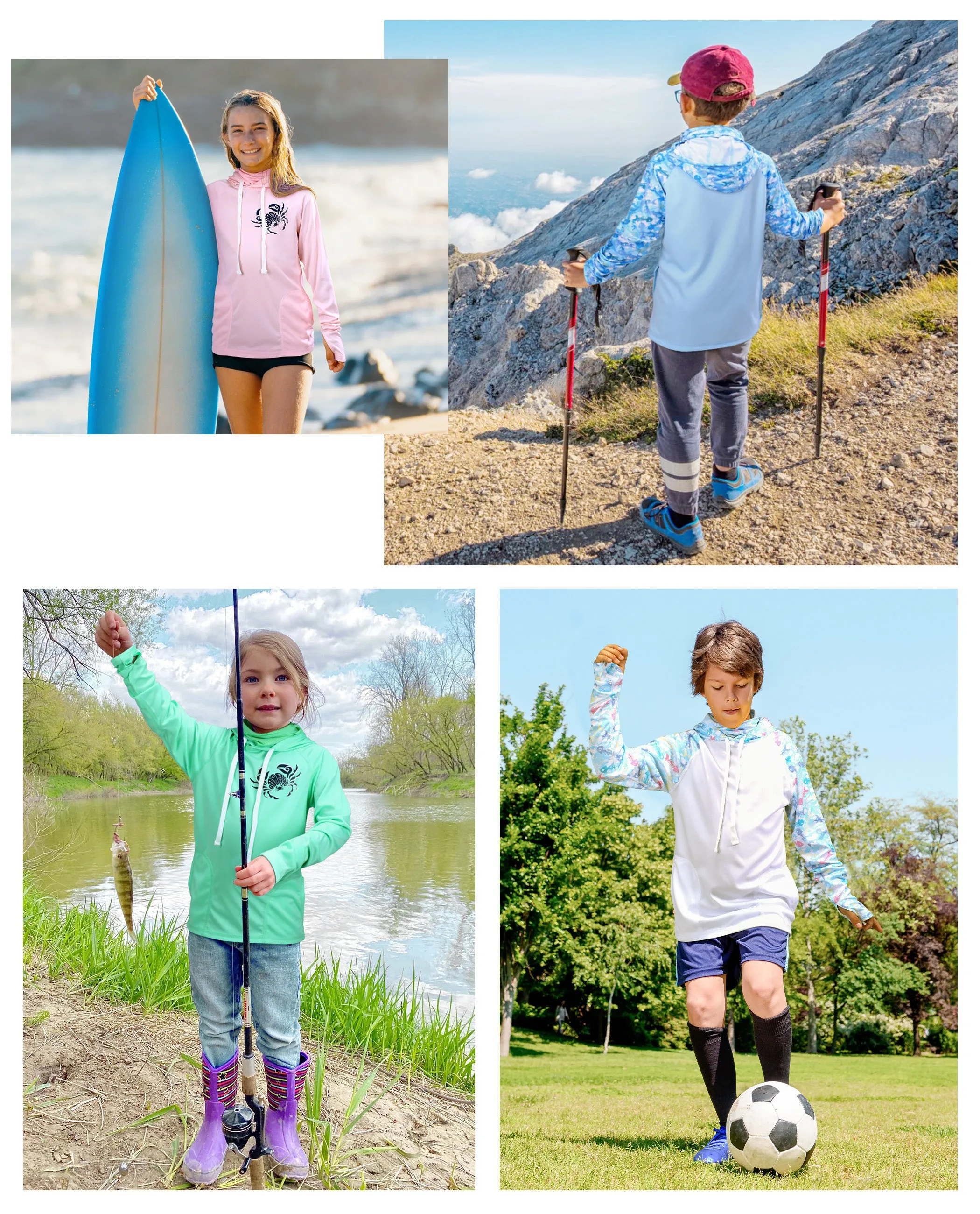 Roadbox Sun Shirts for Kids - Long Sleeve UPF50  Sun Protection Shirts Hooded Swimsuits for Kids Fishing Surfing Hiking Outdoor Sports