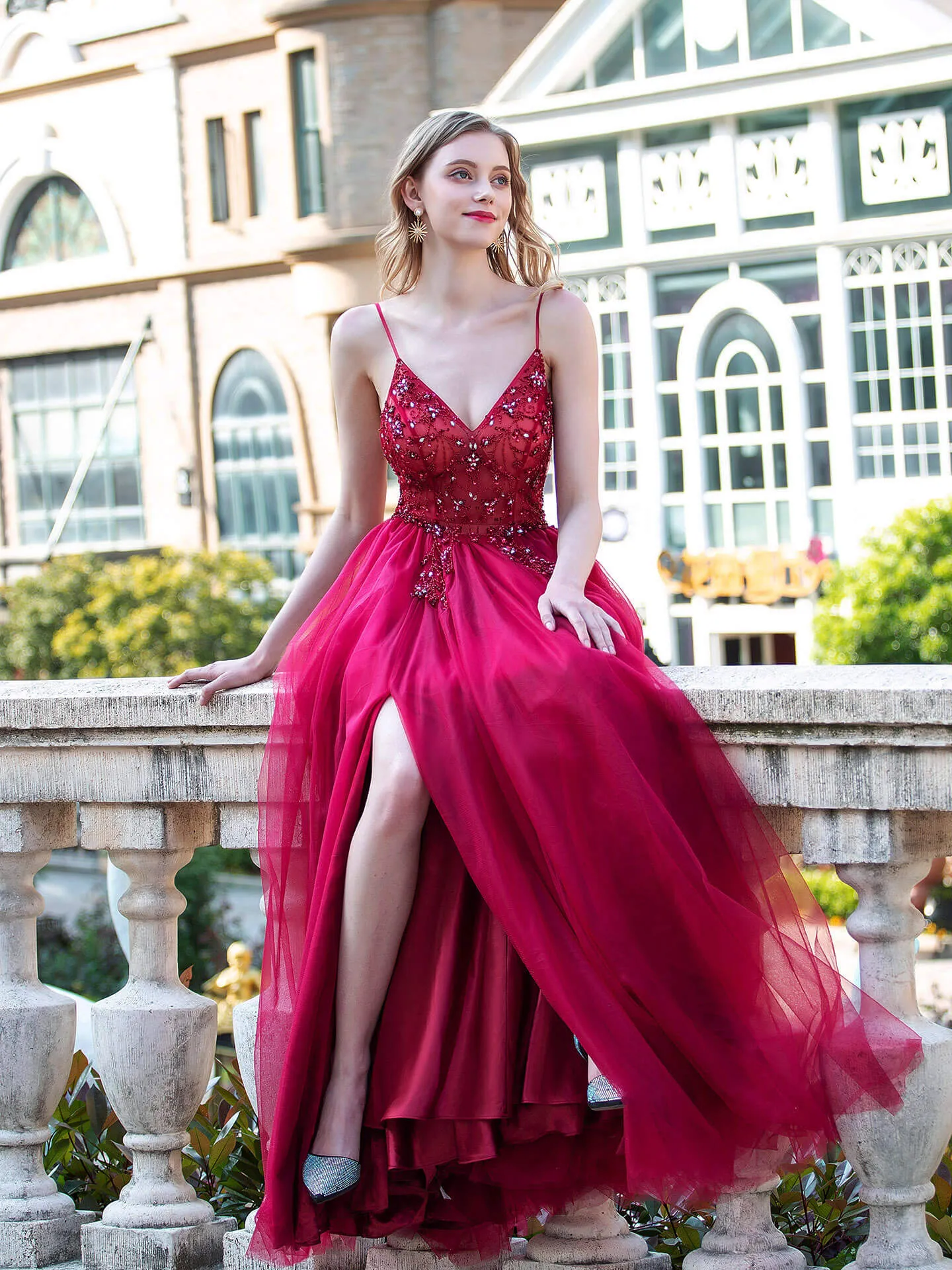 Roycebridal A-line Luxurious Sexy Formal Evening Dresses Spaghetti Strap Sleeveless With Slit Floor Length Prom Dresses