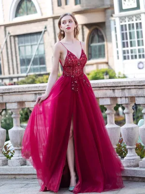 Roycebridal A-line Luxurious Sexy Formal Evening Dresses Spaghetti Strap Sleeveless With Slit Floor Length Prom Dresses