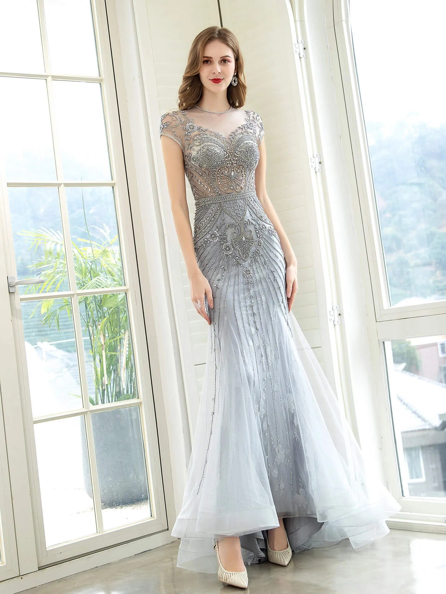 Roycebridal Mermaid / Trumpet Luxurious Glittering Fairy Sexy Formal Evening Dresses Short Sleeves