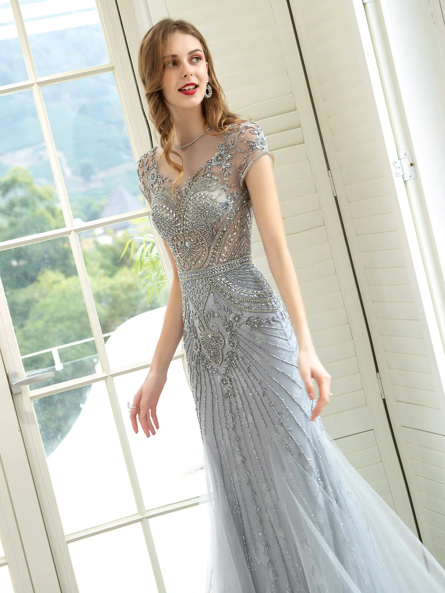Roycebridal Mermaid / Trumpet Luxurious Glittering Fairy Sexy Formal Evening Dresses Short Sleeves