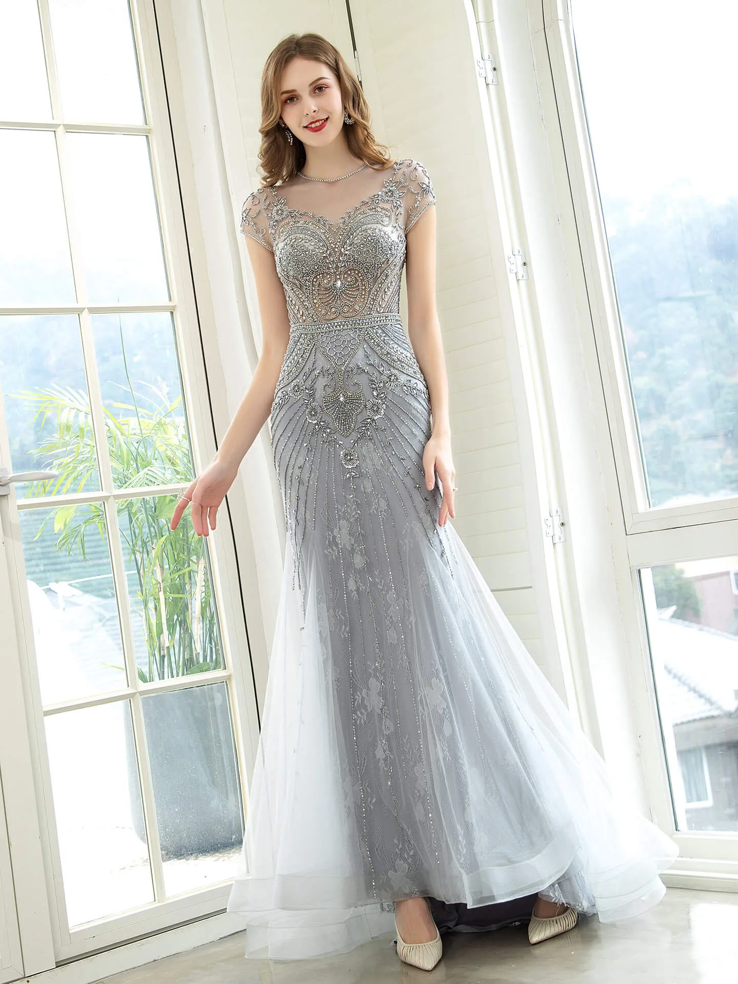 Roycebridal Mermaid / Trumpet Luxurious Glittering Fairy Sexy Formal Evening Dresses Short Sleeves