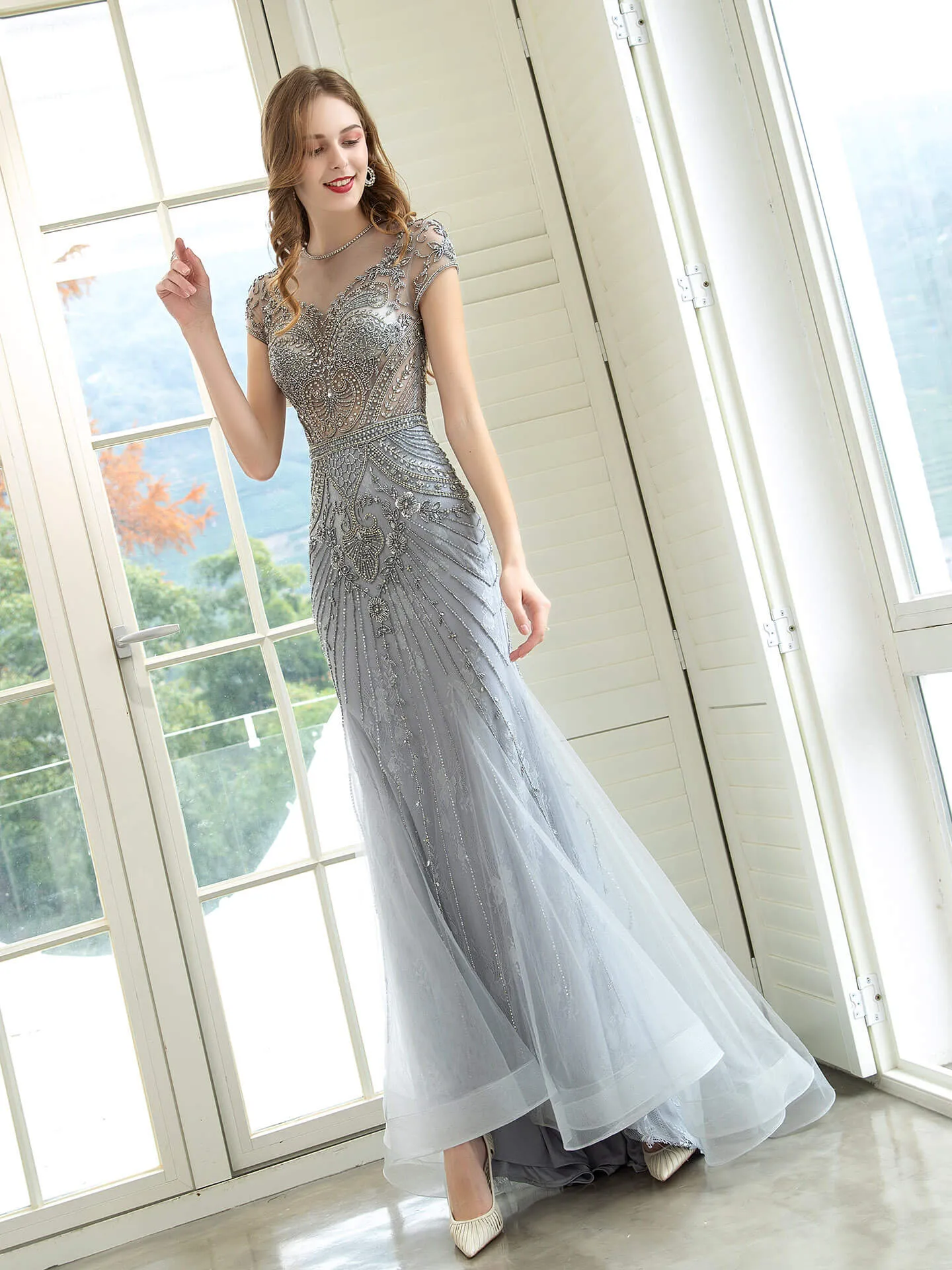 Roycebridal Mermaid / Trumpet Luxurious Glittering Fairy Sexy Formal Evening Dresses Short Sleeves