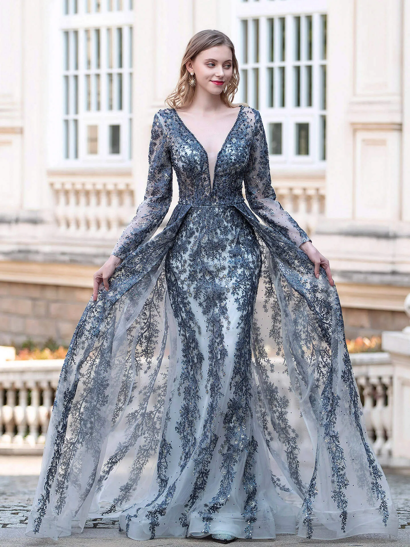 Roycebridal Mermaid / Trumpet V-neck Fashion Formal Evening Dresses Long Sleeve Floor Length Prom Dresses
