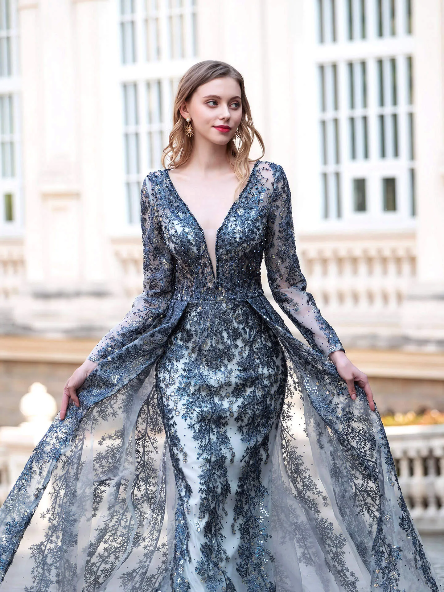 Roycebridal Mermaid / Trumpet V-neck Fashion Formal Evening Dresses Long Sleeve Floor Length Prom Dresses
