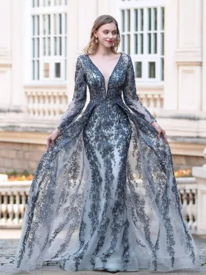 Roycebridal Mermaid / Trumpet V-neck Fashion Formal Evening Dresses Long Sleeve Floor Length Prom Dresses