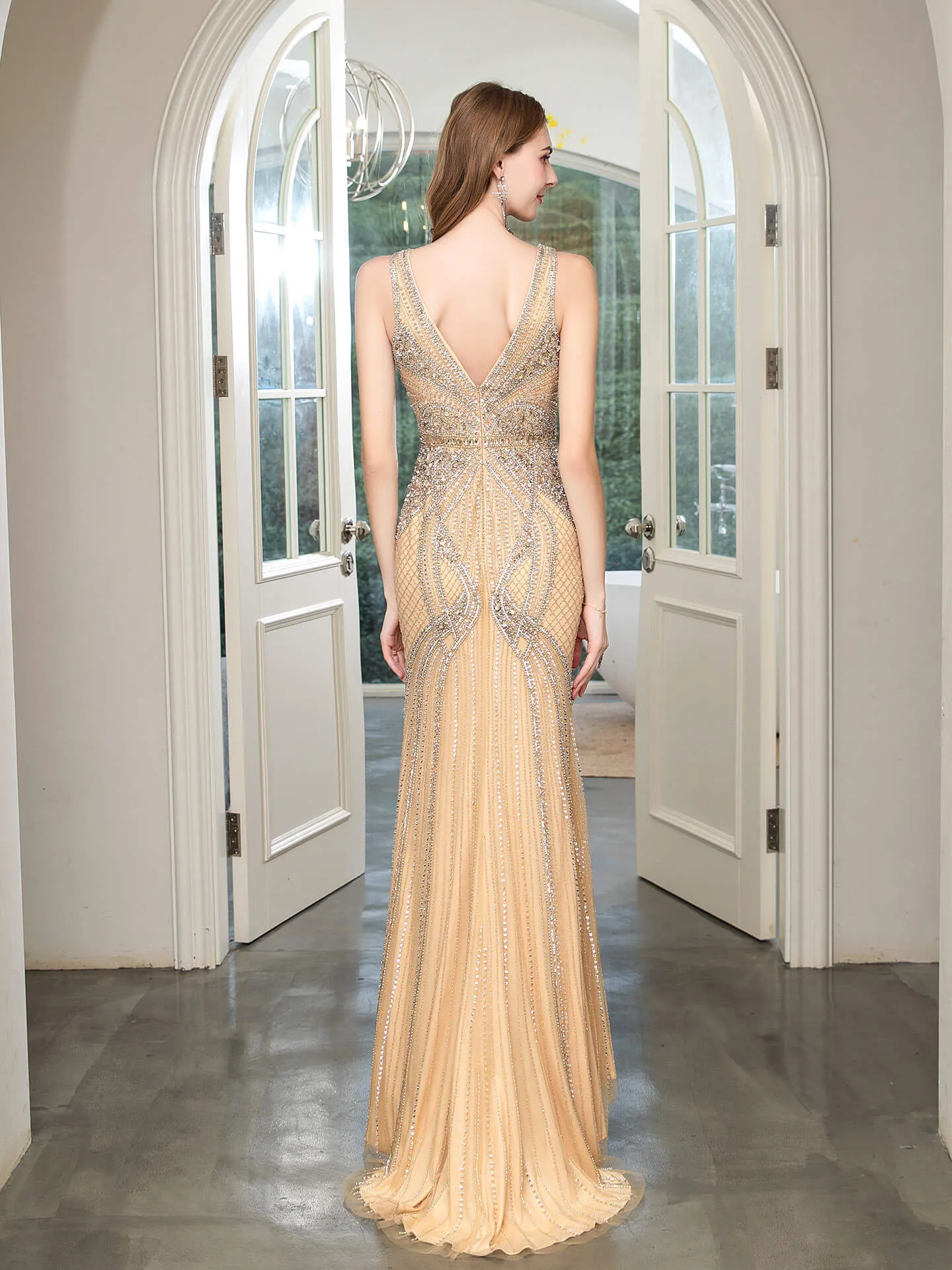 Roycebridal Mermaid V-neck Beaded Luxurious Fashion Formal Evening Dresses Sleeveless Floor Length