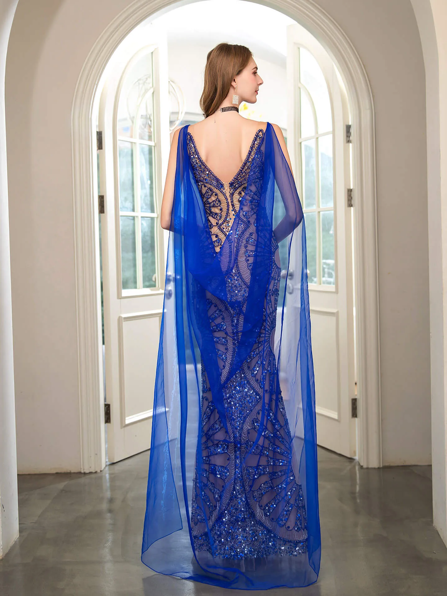 Roycebridal Mermaid V-neck Beaded Luxurious Fashion Formal Evening Dresses Sleeveless Floor Length
