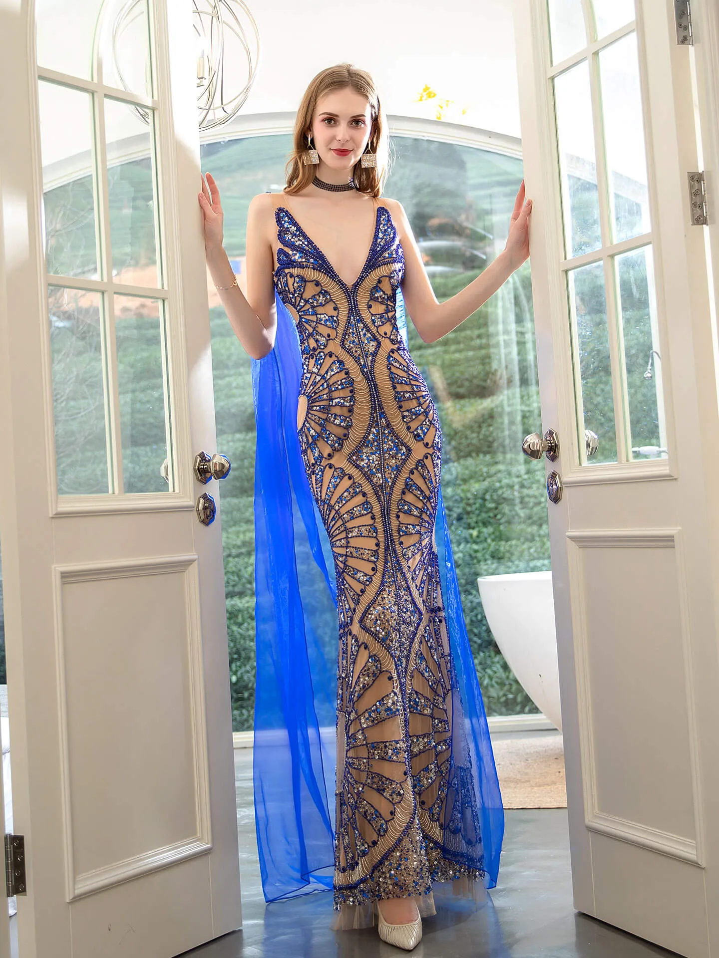 Roycebridal Mermaid V-neck Beaded Luxurious Fashion Formal Evening Dresses Sleeveless Floor Length