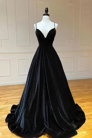 Roycebridal  Oaklee | Simple Black Velvet Long Prom Dress, Black Evening Dress