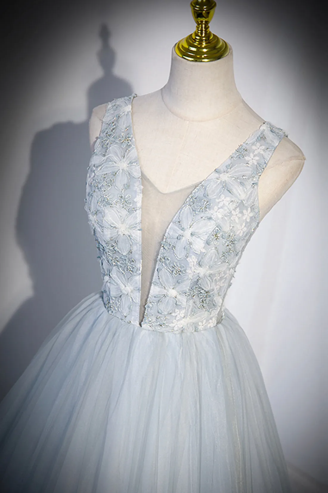 Roycebridal Roycebridal Angelica | Cute V-Neck Tulle Long Prom Dress, Gray Evening Dress Party Dress