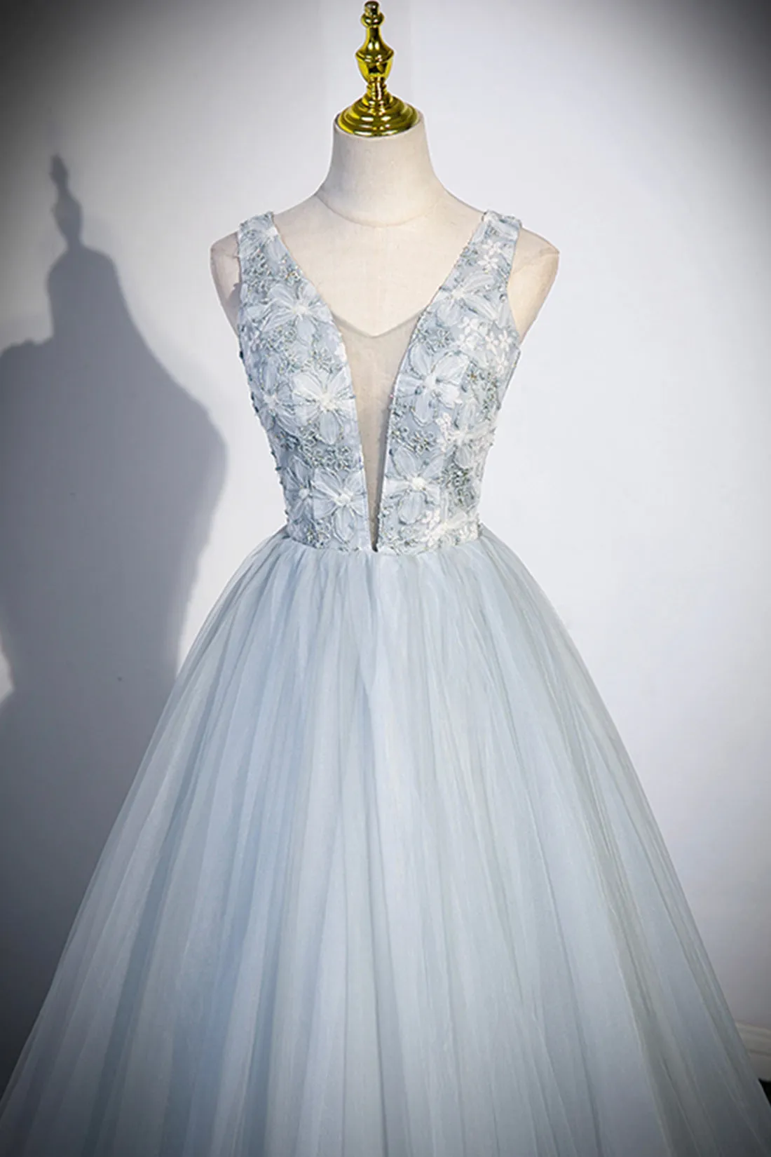 Roycebridal Roycebridal Angelica | Cute V-Neck Tulle Long Prom Dress, Gray Evening Dress Party Dress