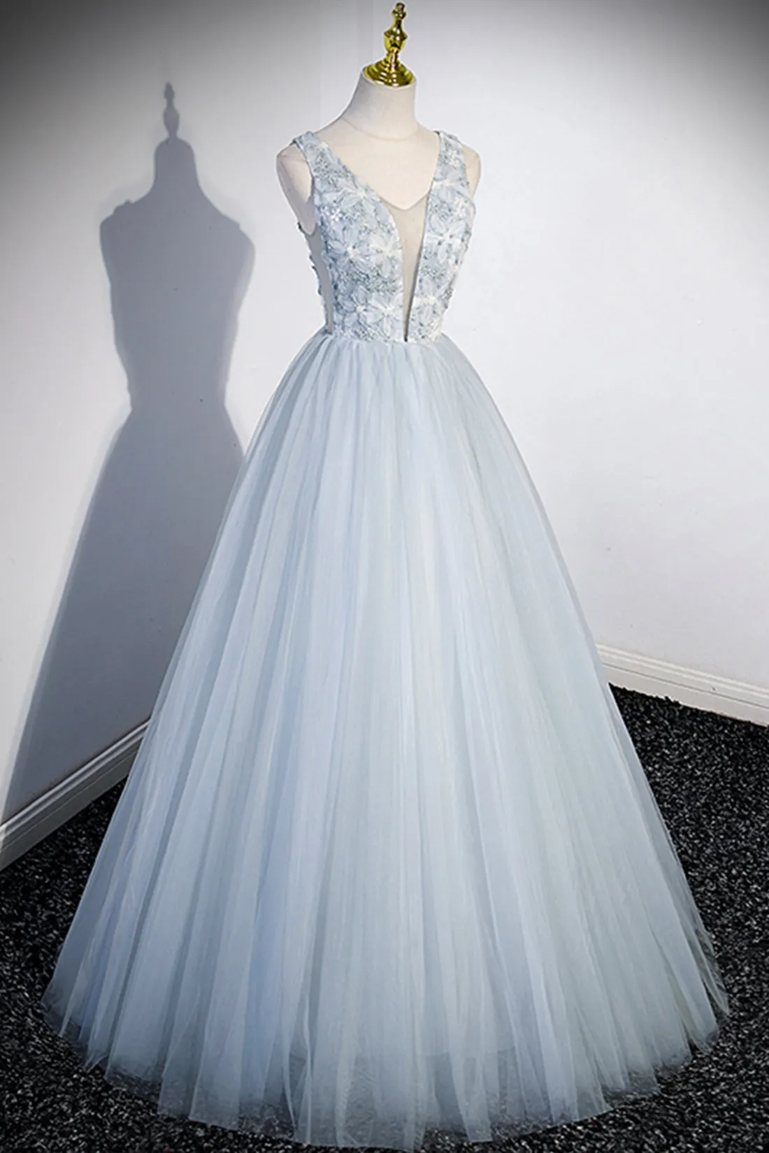 Roycebridal Roycebridal Angelica | Cute V-Neck Tulle Long Prom Dress, Gray Evening Dress Party Dress