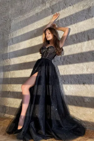 Roycebridal Zendaya | Black Shiny Tulle Floor Length Prom Dress Black Evening Dress with Slit