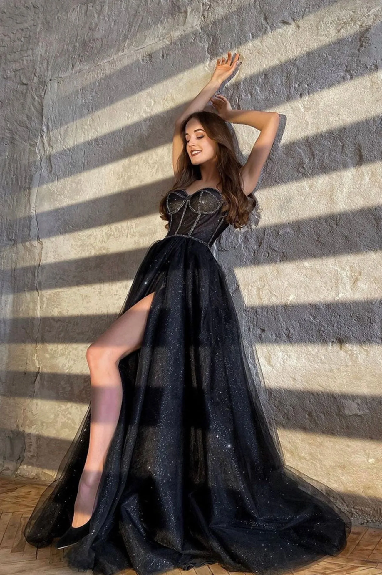 Roycebridal Zendaya | Black Shiny Tulle Floor Length Prom Dress Black Evening Dress with Slit