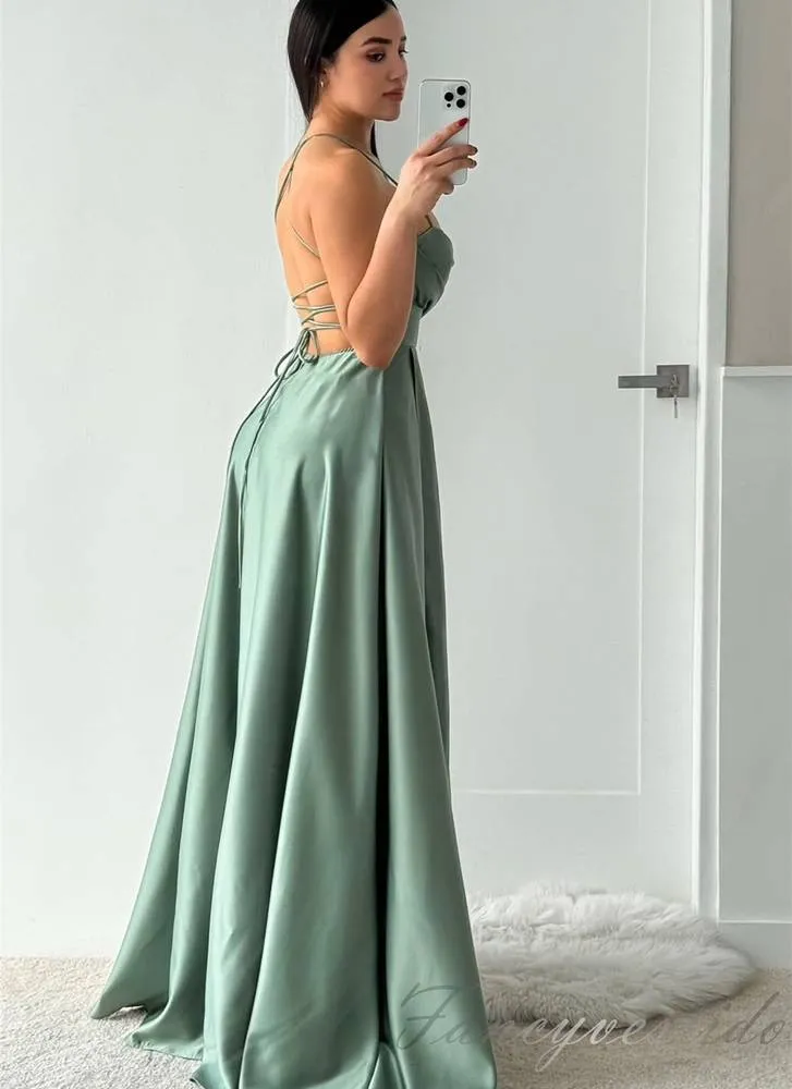 Sage Green Pleated A-Line Slit Prom Dress with Lace-up Back