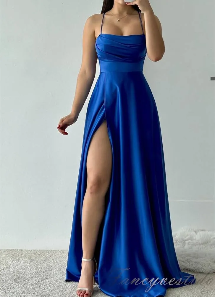 Sage Green Pleated A-Line Slit Prom Dress with Lace-up Back