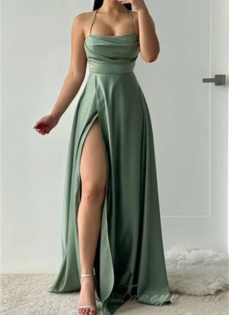 Sage Green Pleated A-Line Slit Prom Dress with Lace-up Back