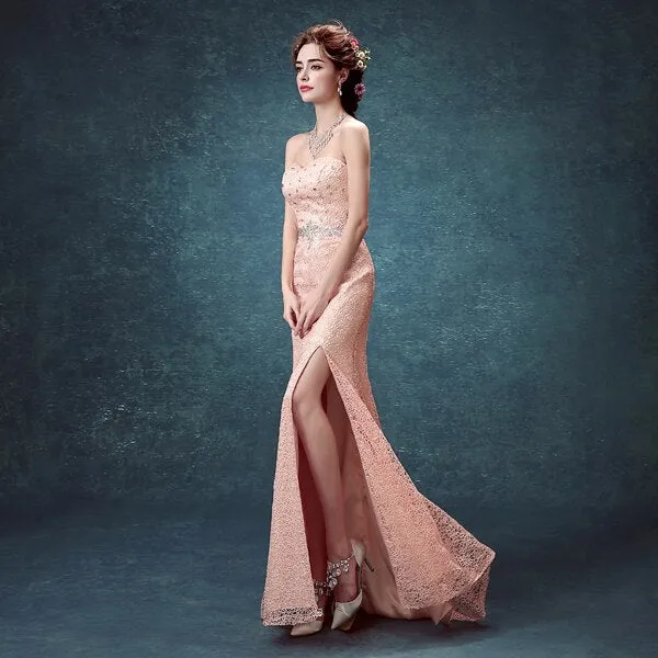 sexy sweetheart pink lace mermaid Evening Dress  robe de soiree vestido longo crystal long prom dresses Formal gown