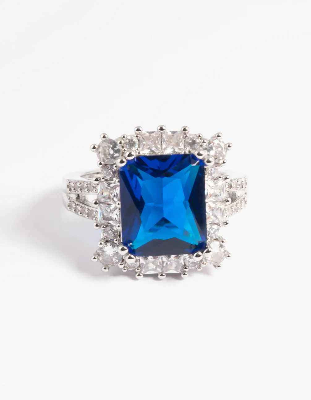 Silver Blue Cubic Zirconia Asscher Ring