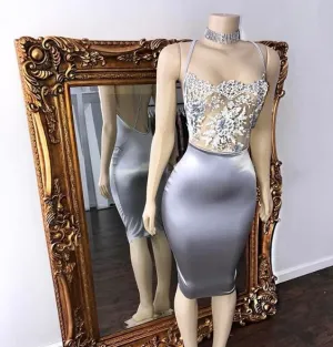 silver evening dresses short high neck beaded lace appliqué mermaid elegant sexy formal dresses 2021