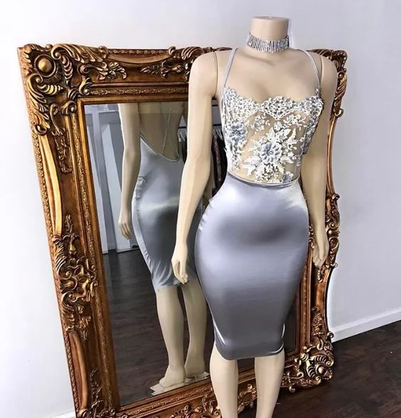 silver evening dresses short high neck beaded lace appliqué mermaid elegant sexy formal dresses 2021