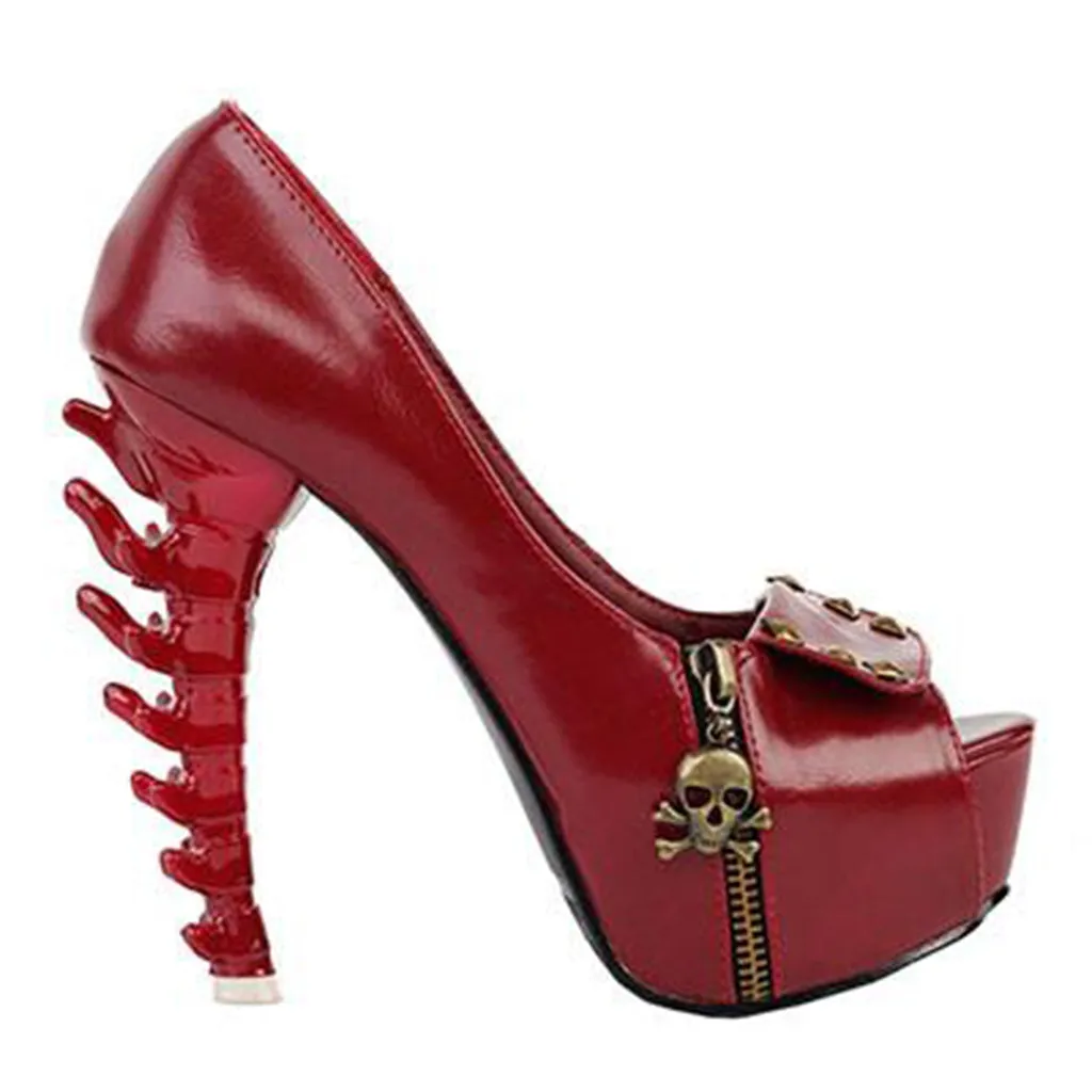 Skull Head Zipper Peep Toe Bone Heel Women's Shoes